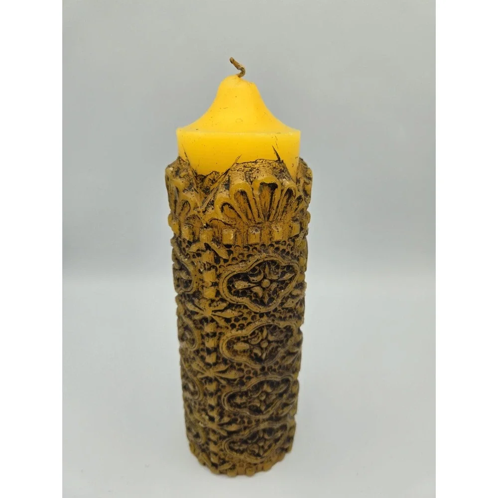 VTG 70s Pillar Candle Unscented Yellow Carved MCM Boho Hippie Retro Castle 9.75